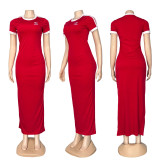 Color blocking edge wrapped round neck embroidered short sleeved dress, slim fit and elastic, slim and long, hip hugging long skirt