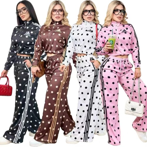 Casual Fashion Set, Trendy Embroidery Wide Leg Wave Dot Two Piece Set