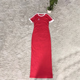 Color blocking edge wrapped round neck embroidered short sleeved dress, slim fit and elastic, slim and long, hip hugging long skirt