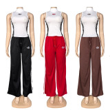 High neck embroidered sleeveless vest wide leg pants two-piece set slim fit and slimming casual sports suit