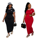 Color blocking edge wrapped round neck embroidered short sleeved dress, slim fit and elastic, slim and long, hip hugging long skirt