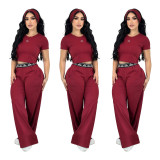 Short crop exposed round neck short sleeved high waisted straight leg pants set, casual sports two-piece set