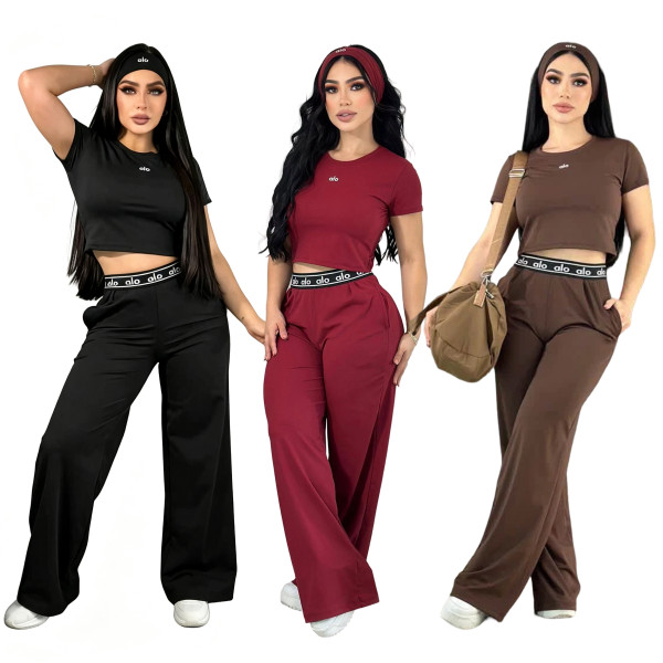 Short crop exposed round neck short sleeved high waisted straight leg pants set, casual sports two-piece set