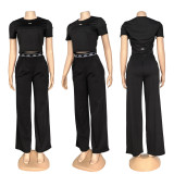 Short crop exposed round neck short sleeved high waisted straight leg pants set, casual sports two-piece set