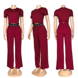 Short crop exposed round neck short sleeved high waisted straight leg pants set, casual sports two-piece set