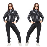 Women's polka dot stand up collar zipper jacket, leg binding pants, casual sports suit