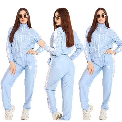 Women's polka dot stand up collar zipper jacket, leg binding pants, casual sports suit
