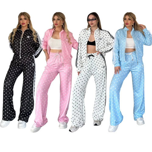 Wave Point Leisure Sports Set Stand up Collar Zipper Coat High Waist Wide Leg Pants Fashion Set