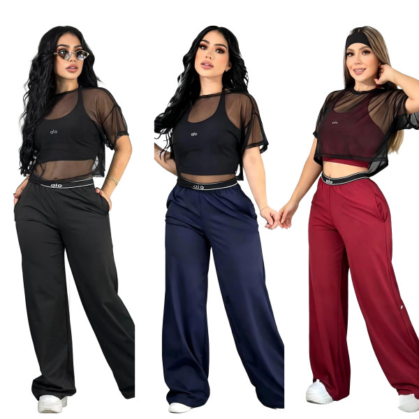 Mesh breathable short sleeved three piece back vest, high waist wide leg pants, casual sports yoga set
