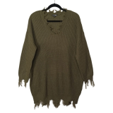 Large size wide truffle shoulder V-neck pullover irregular tassel dress