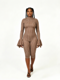 Sexy polka dot print round neck ruffled back hollowed out long sleeved slim fit jumpsuit
