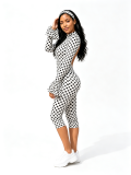 Sexy polka dot print round neck ruffled back hollowed out long sleeved slim fit jumpsuit