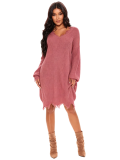 Large size wide truffle shoulder V-neck pullover irregular tassel dress