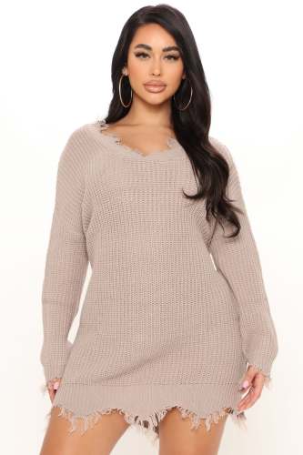 Large size wide truffle shoulder V-neck pullover irregular tassel dress