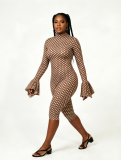 Sexy polka dot print round neck ruffled back hollowed out long sleeved slim fit jumpsuit