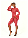 Sexy polka dot print round neck ruffled back hollowed out long sleeved slim fit jumpsuit