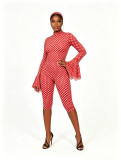 Sexy polka dot print round neck ruffled back hollowed out long sleeved slim fit jumpsuit