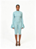 Sexy polka dot print round neck ruffled back hollowed out long sleeved slim fit jumpsuit