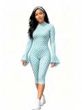 Sexy polka dot print round neck ruffled back hollowed out long sleeved slim fit jumpsuit