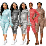 Sexy polka dot print round neck ruffled back hollowed out long sleeved slim fit jumpsuit