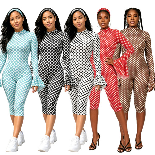 Sexy polka dot print round neck ruffled back hollowed out long sleeved slim fit jumpsuit