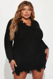 Large size wide truffle shoulder V-neck pullover irregular tassel dress
