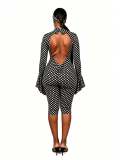 Sexy polka dot print round neck ruffled back hollowed out long sleeved slim fit jumpsuit