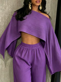 Fashionable and sexy seaside vacation solid color sloping shoulder collar irregular off shoulder top elastic waist pocket pants