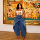 European and American high street design, double pocket workwear, wide leg jeans, women's high waist, hanging loose pants