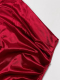 Single shoulder slanted collar pleated satin slim fit dress with hip hugging, elegant and slit dress