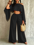 Fashionable and sexy seaside vacation solid color sloping shoulder collar irregular off shoulder top elastic waist pocket pants