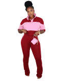 Autumn fashion lapel solid color patchwork five quarter sleeve top, high waisted pants casual set