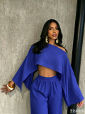 Fashionable and sexy seaside vacation solid color sloping shoulder collar irregular off shoulder top elastic waist pocket pants