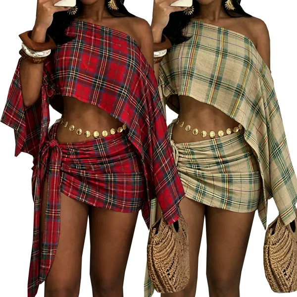 Seaside Vacation Breathable Slant Neck Off Shoulder Top Strapped Hip Wrap Short Skirt Set
