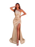 Single shoulder slanted collar pleated satin slim fit dress with hip hugging, elegant and slit dress
