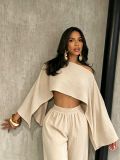 Fashionable and sexy seaside vacation solid color sloping shoulder collar irregular off shoulder top elastic waist pocket pants