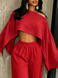 Fashionable and sexy seaside vacation solid color sloping shoulder collar irregular off shoulder top elastic waist pocket pants