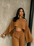 Fashionable and sexy seaside vacation solid color sloping shoulder collar irregular off shoulder top elastic waist pocket pants