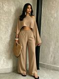 Fashionable and sexy seaside vacation solid color sloping shoulder collar irregular off shoulder top elastic waist pocket pants