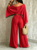 Fashionable and sexy seaside vacation solid color sloping shoulder collar irregular off shoulder top elastic waist pocket pants