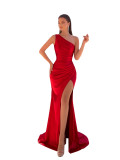 Single shoulder slanted collar pleated satin slim fit dress with hip hugging, elegant and slit dress