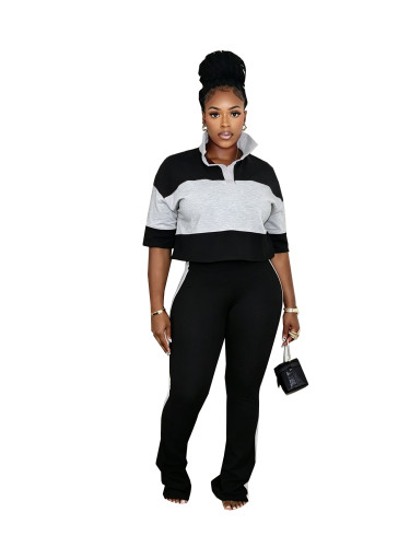 Autumn fashion lapel solid color patchwork five quarter sleeve top, high waisted pants casual set