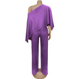 Fashionable and sexy seaside vacation solid color sloping shoulder collar irregular off shoulder top elastic waist pocket pants