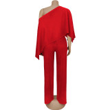Fashionable and sexy seaside vacation solid color sloping shoulder collar irregular off shoulder top elastic waist pocket pants