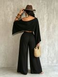 Fashionable and sexy seaside vacation solid color sloping shoulder collar irregular off shoulder top elastic waist pocket pants