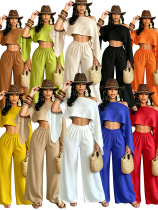 Fashionable and sexy seaside vacation solid color sloping shoulder collar irregular off shoulder top elastic waist pocket pants