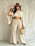 Fashionable and sexy seaside vacation solid color sloping shoulder collar irregular off shoulder top elastic waist pocket pants