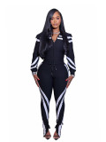 Fashion collar sports color blocking casual tight pants set