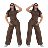 ALO Sports Embroidery Letter Round Neck Fashion Casual Comfortable Short Sleeve Pants Wide Leg Set