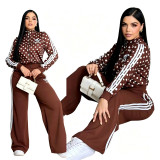 Chic Polka Dot Sporty Set: Embroidered Zip-Up Top with High-Waisted Wide-Leg Pants for Casual Wear